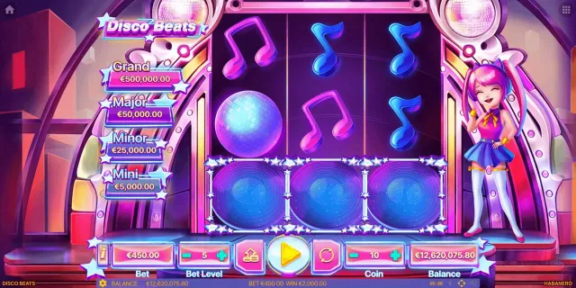 Disco Beats Habanero provider screenshot showing three reels, music symbols, bet level and coin controls