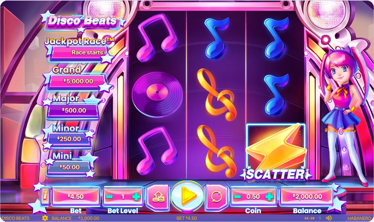 Provider imagery or documented interface capture Disco Beats observed official demo controls before play: level 1, coin 0.50, total bet 4.50